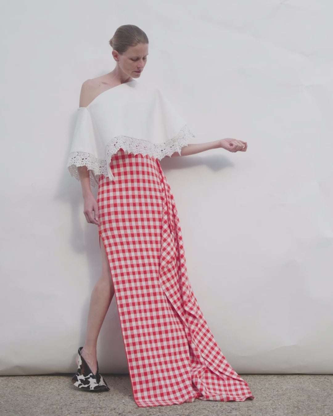 Knitted Fitted Maxi Skirt With Side Panel Red White Gingham